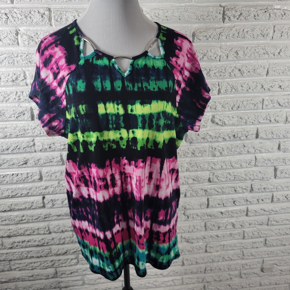 Rafaella Women 2X Tee Shirt Cotton Tie Dye Keyhole Short Sleeve Multicolor Top